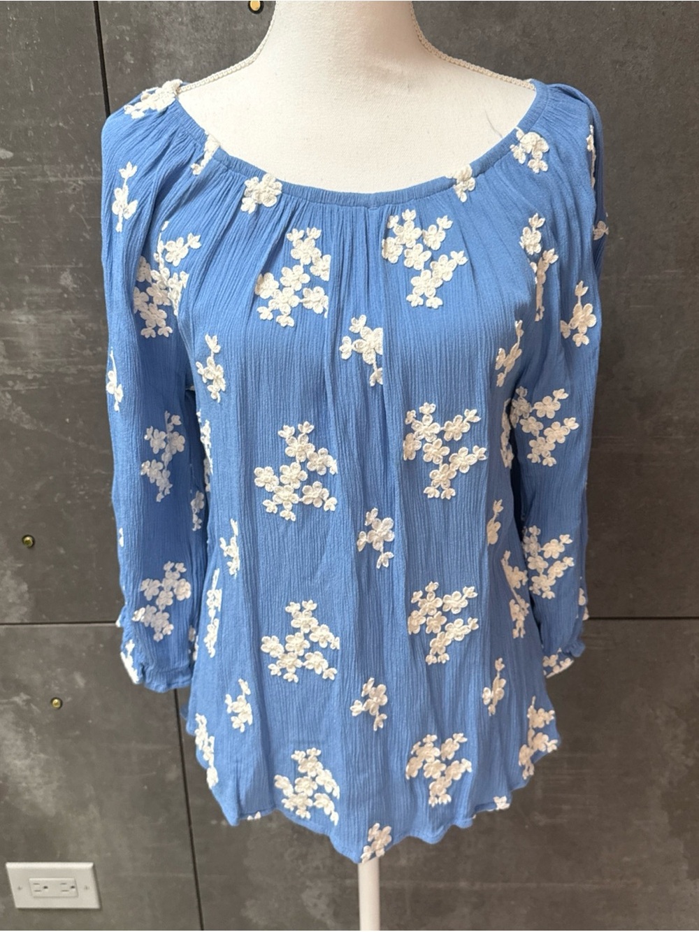 Soft Surroundings Sky Blue Floral Embroidered Top